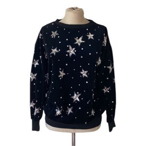 80s Vintage Bonnie Boerer Black Silver Sequin Star-Patterned Velour Sweatshirt S